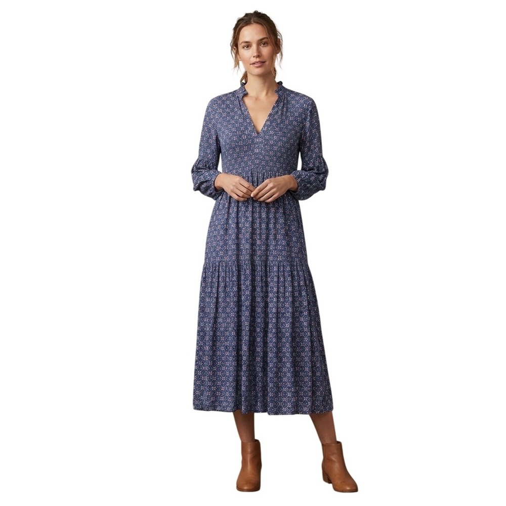 Maeve Anthropologie Womens Midi Dress Blue Floral Small Tiered Ruffle Boho